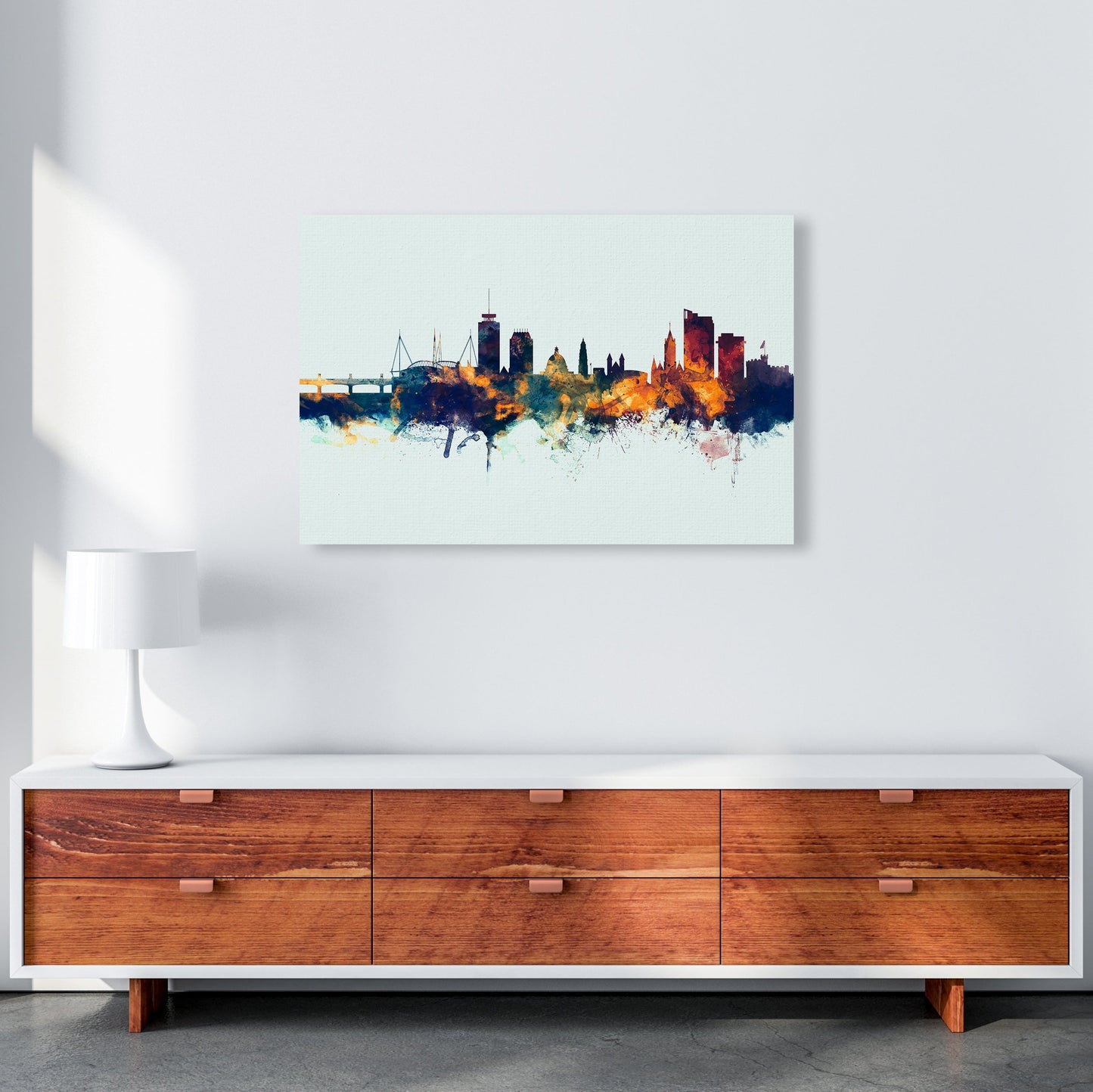 Avelena | Cardiff Wales Skyline Blau Orange Kunstdruck