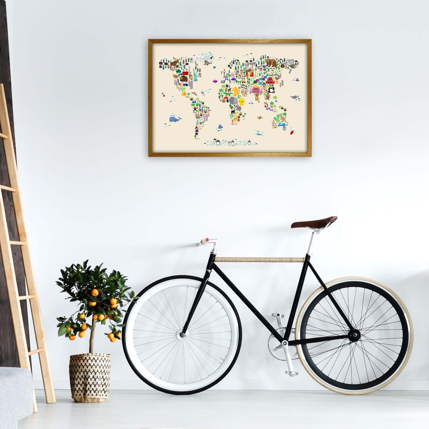 Avelena | Tierkarte in der Welt Beige Kunstdruck