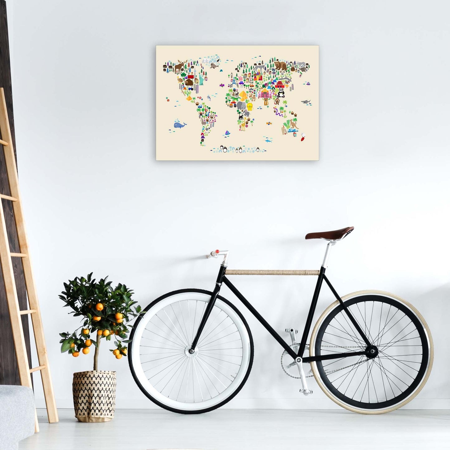 Avelena | Tierkarte in der Welt Beige Kunstdruck