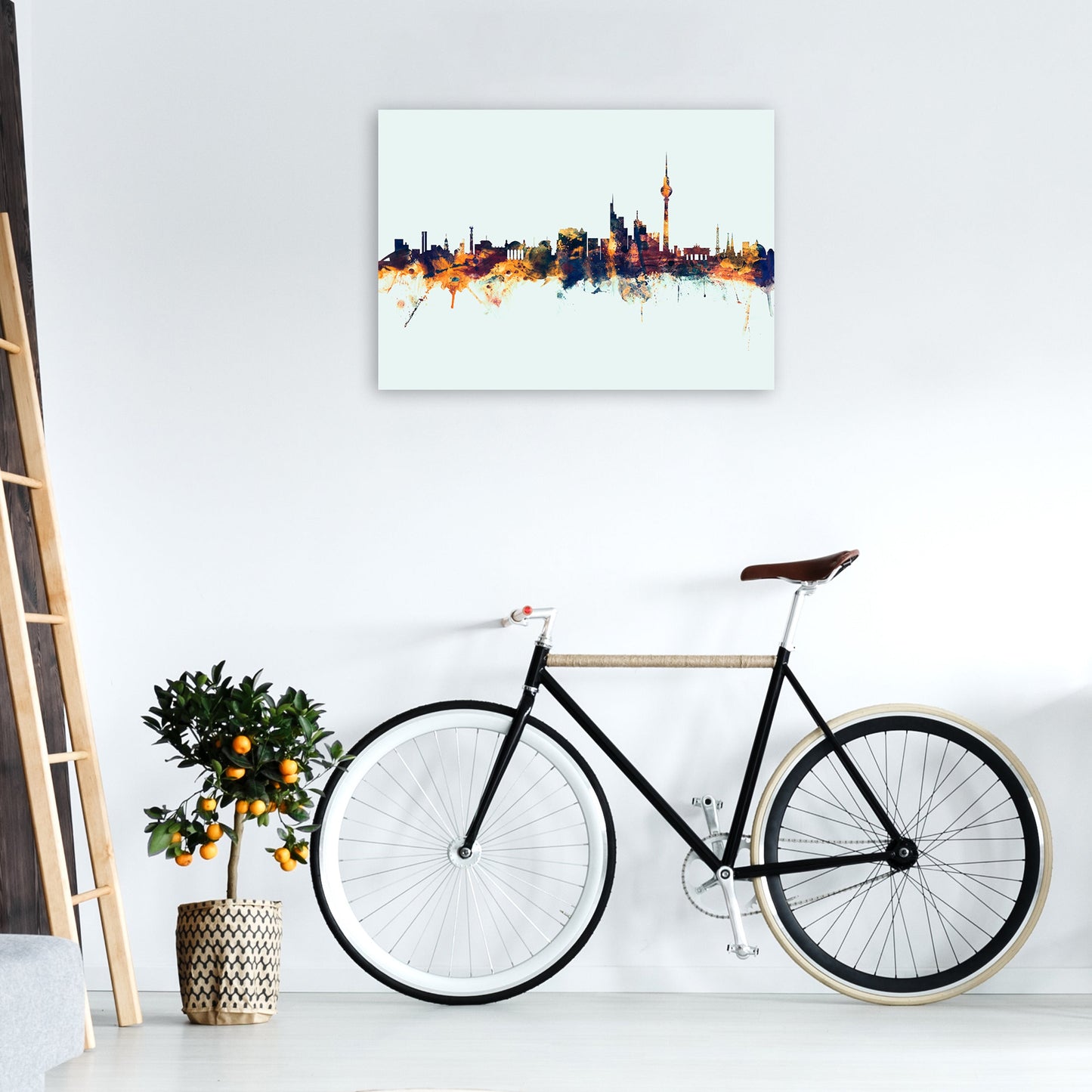 Avelena | Berlin Deutschland Skyline Blau Orange Kunsttrink von Michael Tompsett