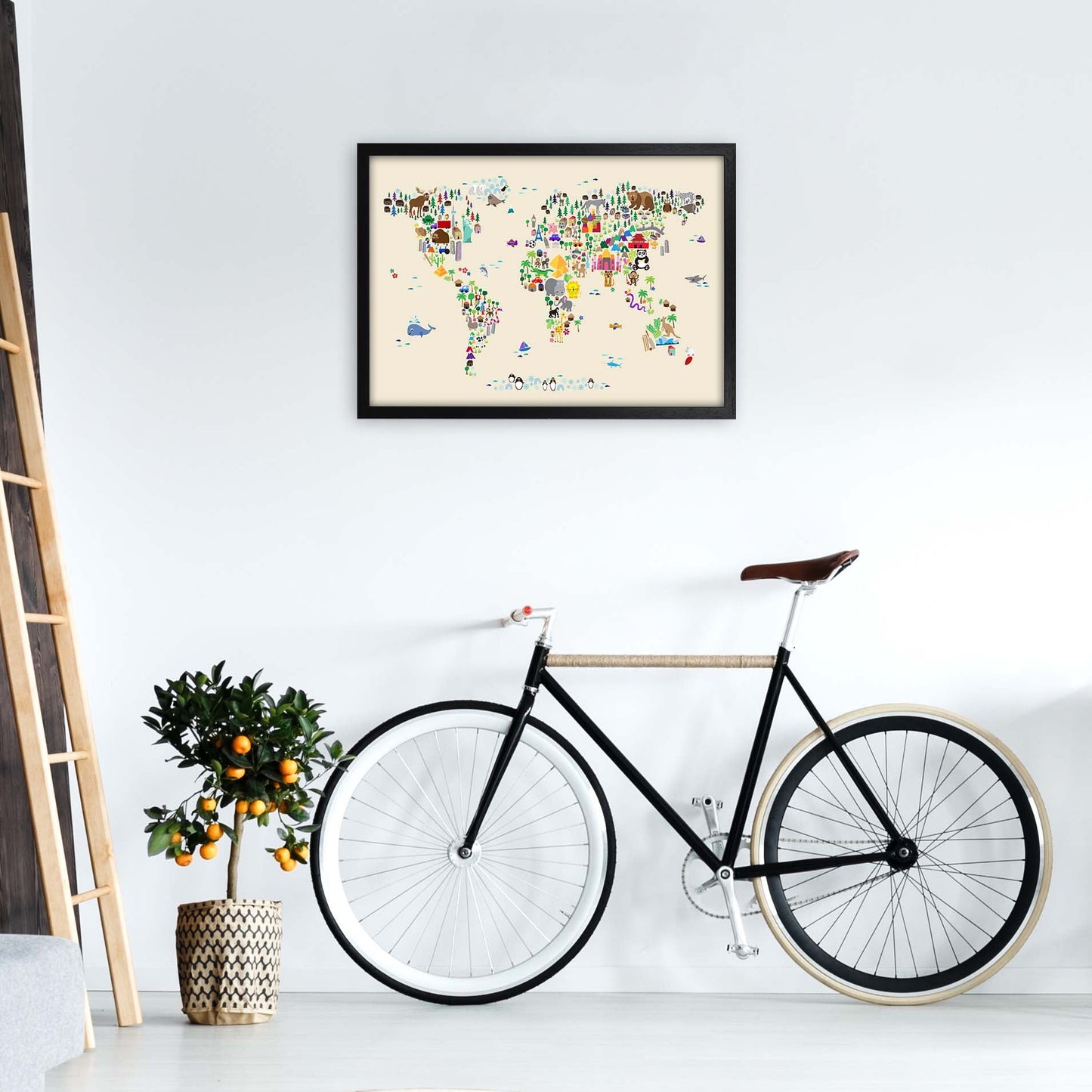 Avelena | Tierkarte in der Welt Beige Kunstdruck