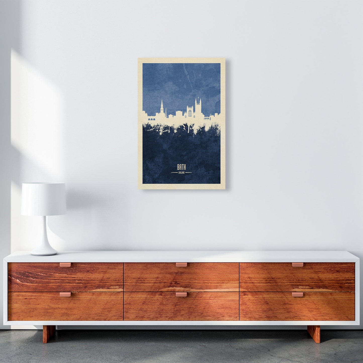 Avelena | Bad England Skyline Porträt Navy Kunstdruck von Michael Tompsett