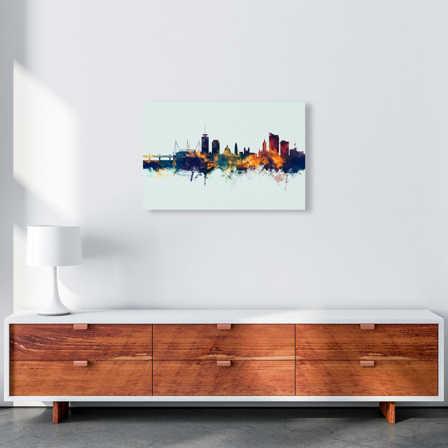 Avelena | Cardiff Wales Skyline Blau Orange Kunstdruck
