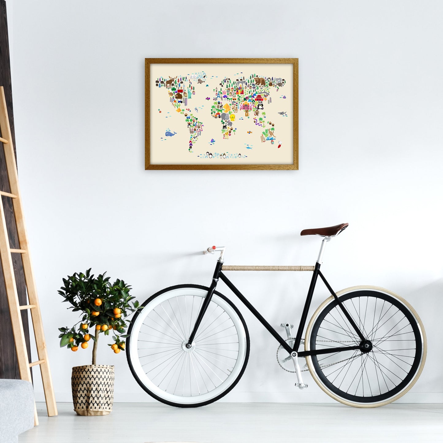 Avelena | Tierkarte in der Welt Beige Kunstdruck