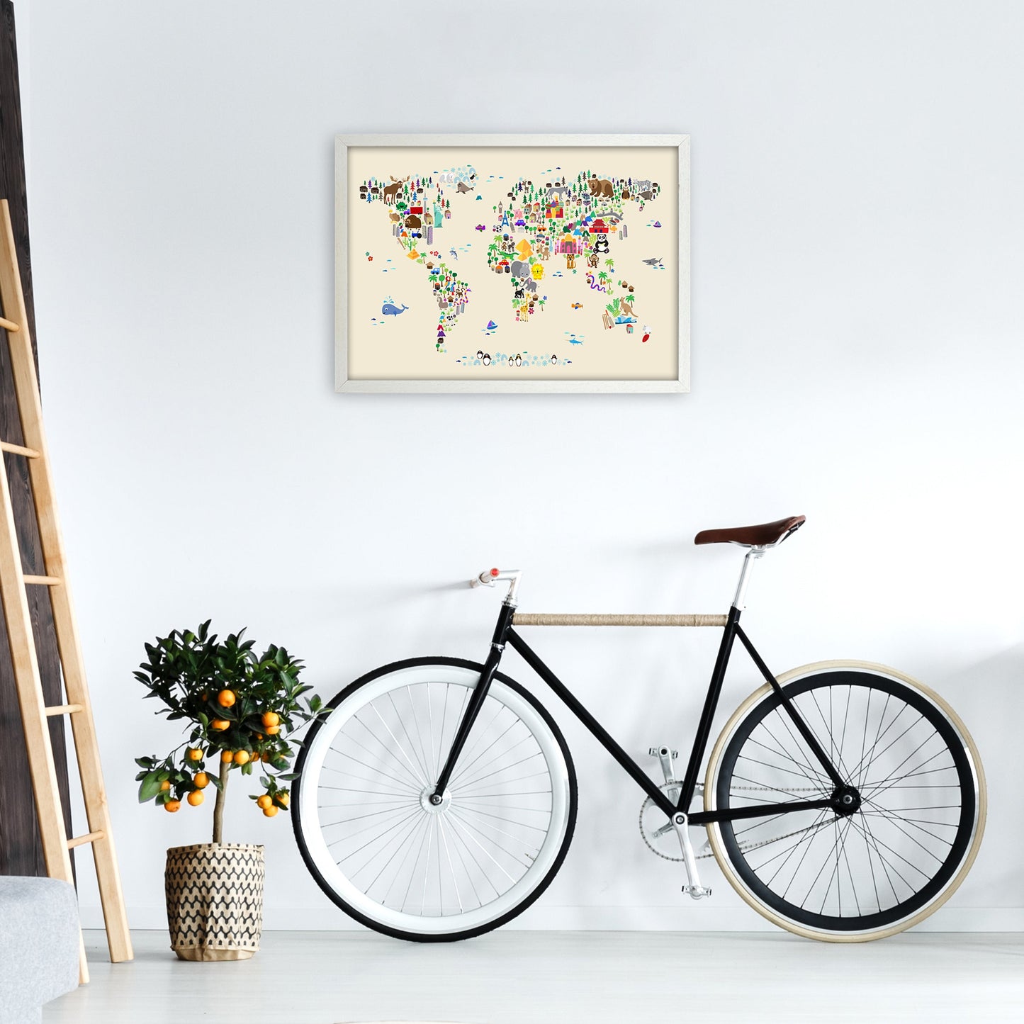 Avelena | Tierkarte in der Welt Beige Kunstdruck