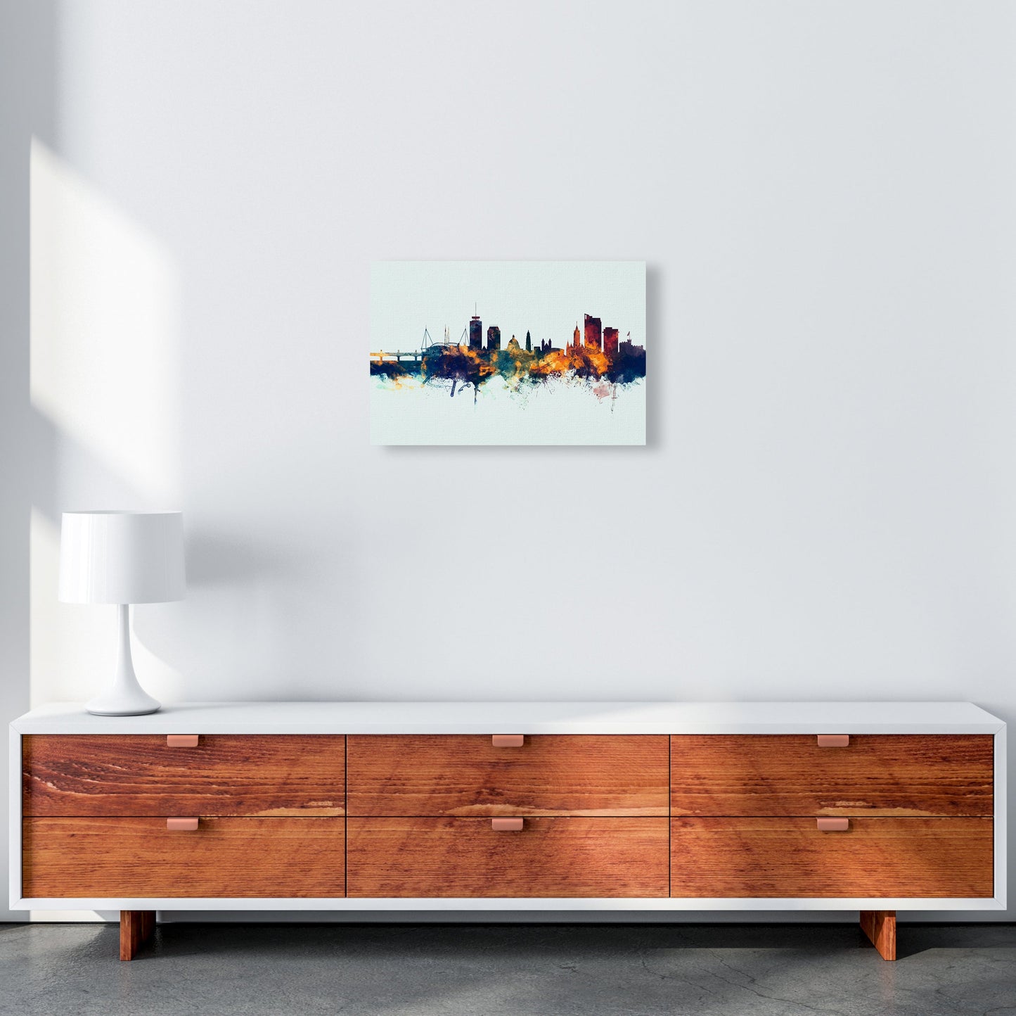 Avelena | Cardiff Wales Skyline Blau Orange Kunstdruck