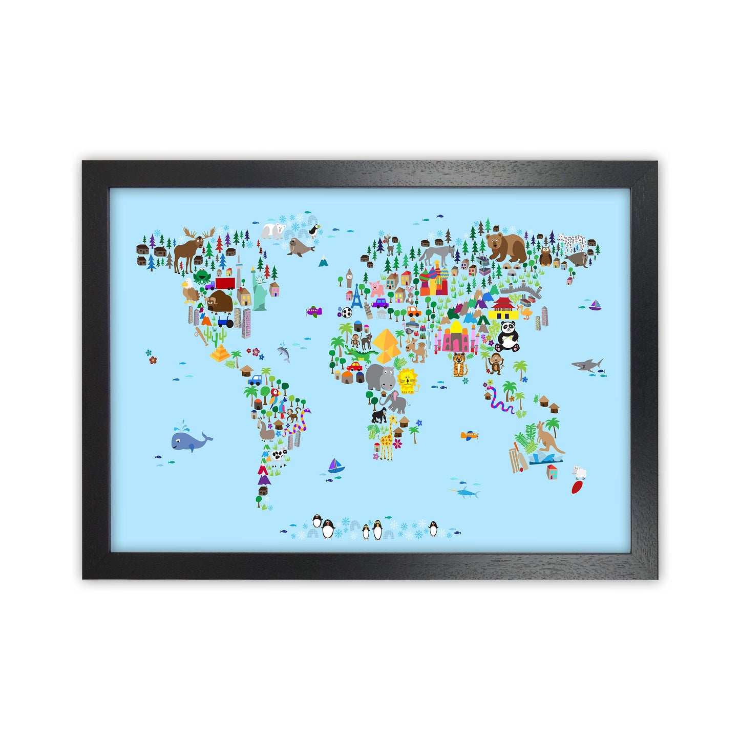 Avelena | Tierkarte der Welt Blau Kunstdruck