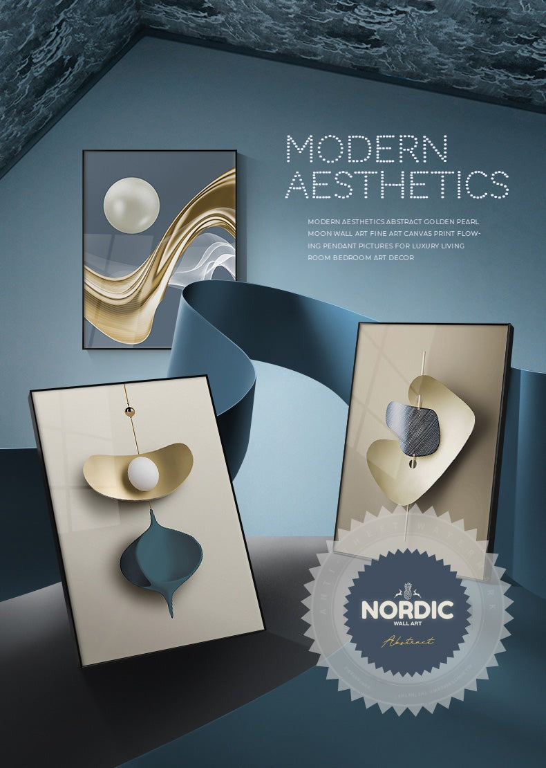 Avelena | Modern Ästhetik Abstrakte Goldene Perlen Mond Wandkunst Fine Art Leinwanddruck Schwebende Anhänger Bilder für Luxuriöses Wohnzimmer und Schlafzimmer Kunstdekoration