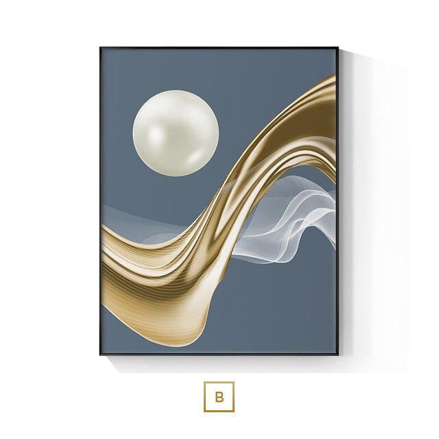 Avelena | Modern Ästhetik Abstrakte Goldene Perlen Mond Wandkunst Fine Art Leinwanddruck Schwebende Anhänger Bilder für Luxuriöses Wohnzimmer und Schlafzimmer Kunstdekoration