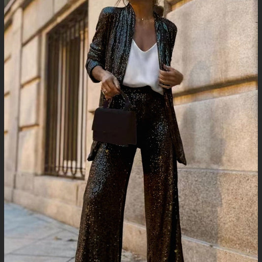 Metallic Outfits | Glitzer Pailletten Blazer Weit Bein Hose Outfit