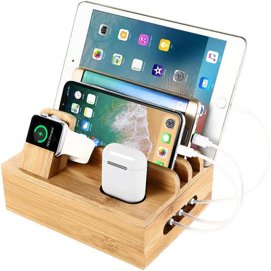 Avelena | Tekavo Bambus-Ladestation – 5-Port USB-Organizer mit Kabelset