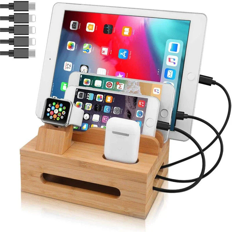 Avelena | Tekavo Bambus-Ladestation – 5-Port USB-Organizer mit Kabelset