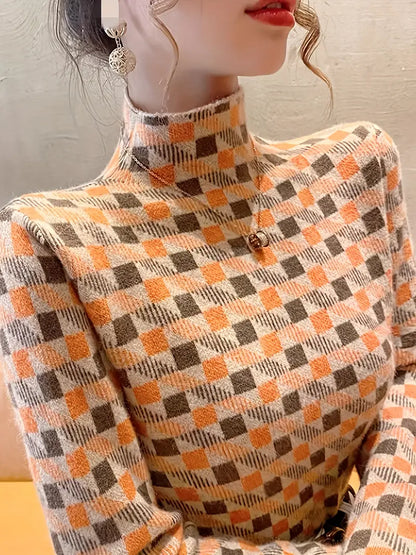 Avelena | Eleganter Damenstrickpullover Hoher Ausschnitt, Color Block