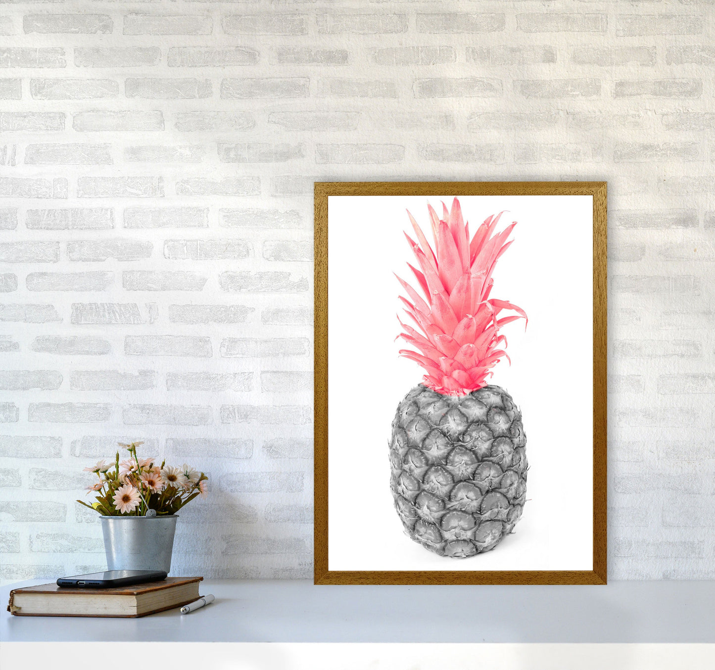 Avelena | Schwarz und rosa Ananas abstrakt modernes Druck, gerahmte Küchen Wandkunst