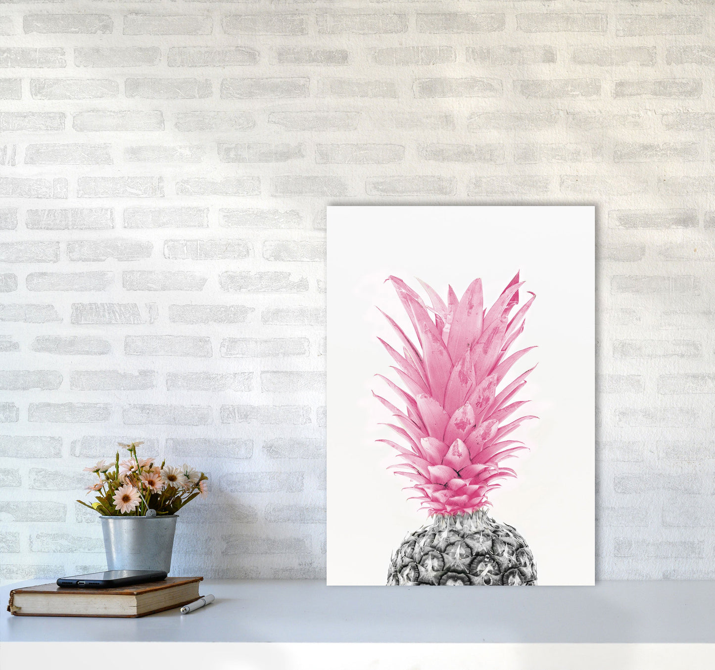Avelena | Schwarze und rosa Ananas moderne Druck, gerahmte Küchen Wandkunst