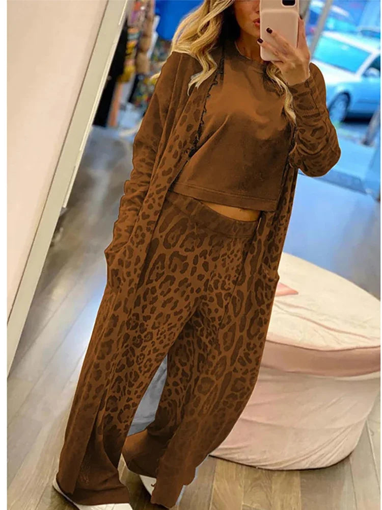 Avelena - Leopard Print Tasche lange Ärmel Strickjacke und elastische Taille Hose Set