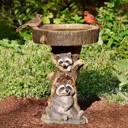 Avelena | Vintage Garten Vogelbad – Polyresin Waschbär Design für Outdoor Charme