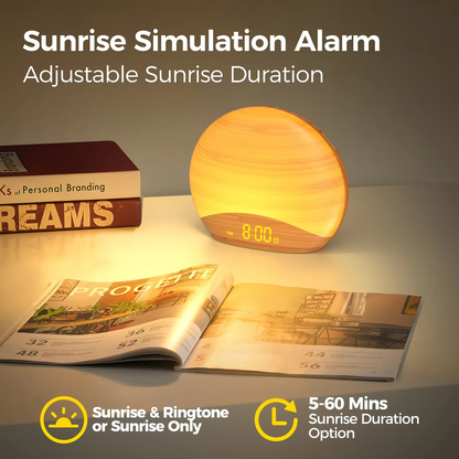 Avelena | Sunrise Wake-Up Light Alarm Clock mit 8 Farben, 26 Schlafgeräuschen & Holzmaserungsdesign