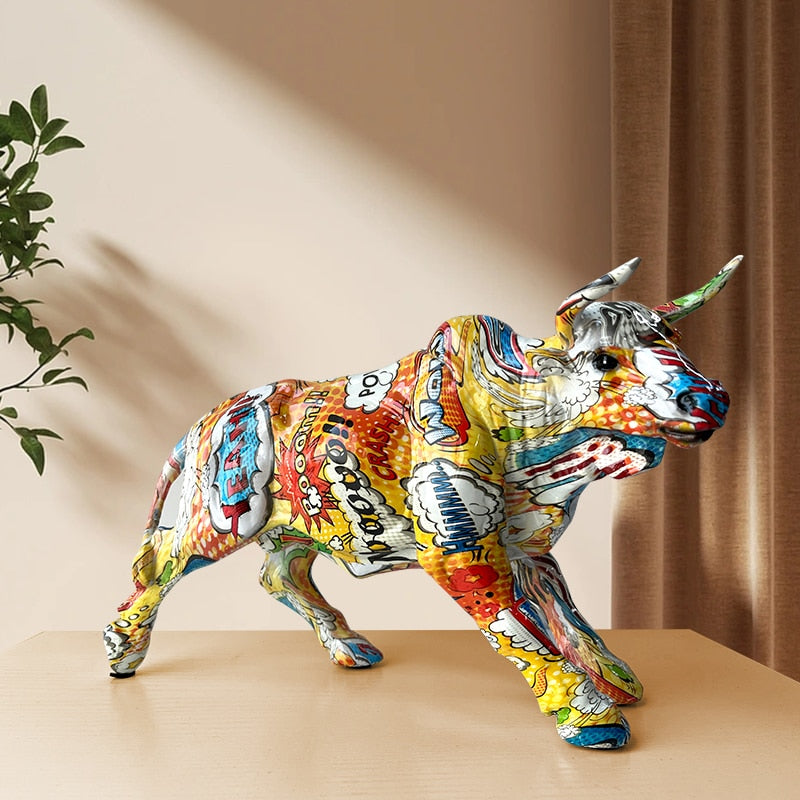 Avelena | Graffiti-Malerei Harz Bull Figuren Home Wohnzimmer Schlafzimmer Büro Desktop Feng Shui Ornamente Sammlung Statuen