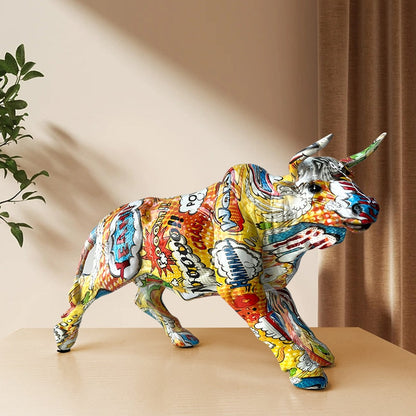 Avelena | Graffiti-Malerei Harz Bull Figuren Home Wohnzimmer Schlafzimmer Büro Desktop Feng Shui Ornamente Sammlung Statuen