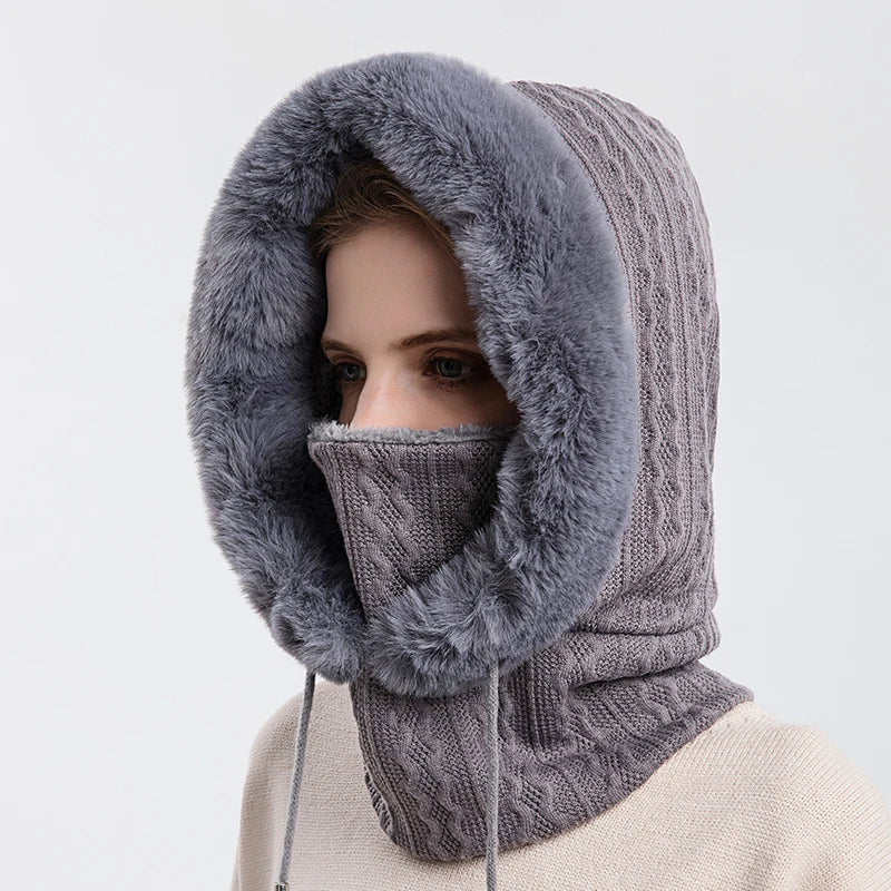 Avelena | Damen Winter Pelzmütze & Masken Set - Strick Cashmere Balaklava
