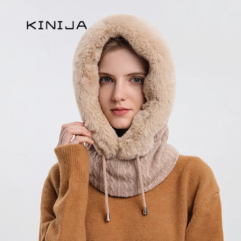 Avelena | Damen Winter Pelzmütze & Masken Set - Strick Cashmere Balaklava