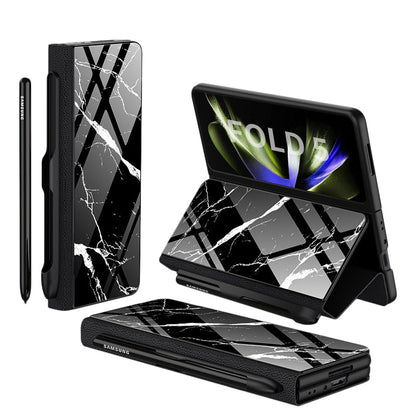 Avelena | Stoßfeste Rüstungshülle Hülle Glas Abdeckung Ständer Einfügkarte Lederhülle für Samsung Galaxy Z Fold 5/4
