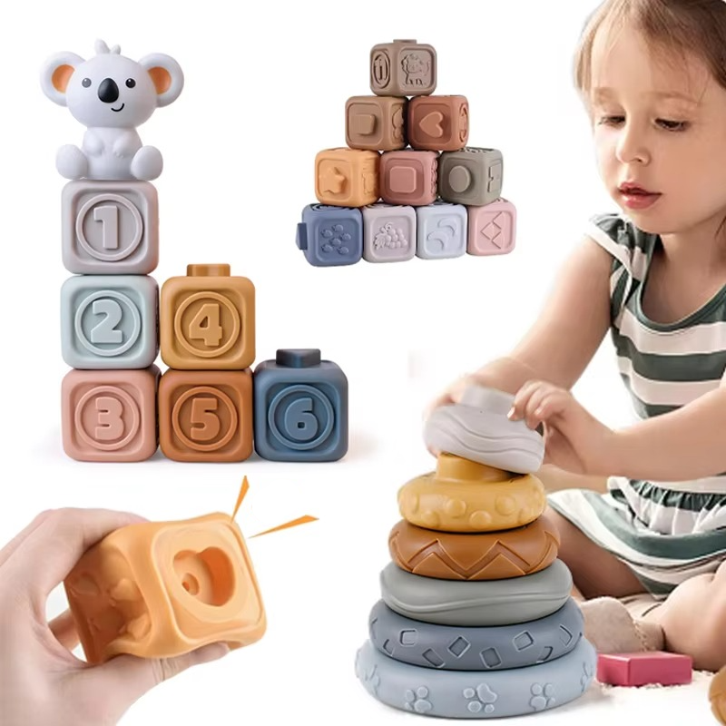 Avelena | Baby Montessori Silikonbausteine und Koala Beißring Stapelspielzeug Set