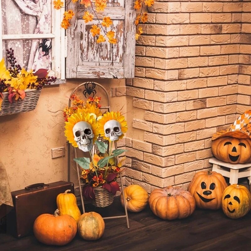Avelena | Schädel Sonnenblume, Halloween Gruselige Dekoration, Zuhause und Garten, Horror, Künstliche Blumen Dekoration für Zuhause, Außen, Dekor, Im Freien, Calavera