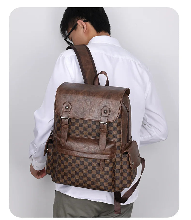 Avelena | Trendiger Karierter Business Vielseitiger Herren Rucksack Reisen Große Kapazität Luxusmarken Design Rucksack Herren PU Leder Schulranzen