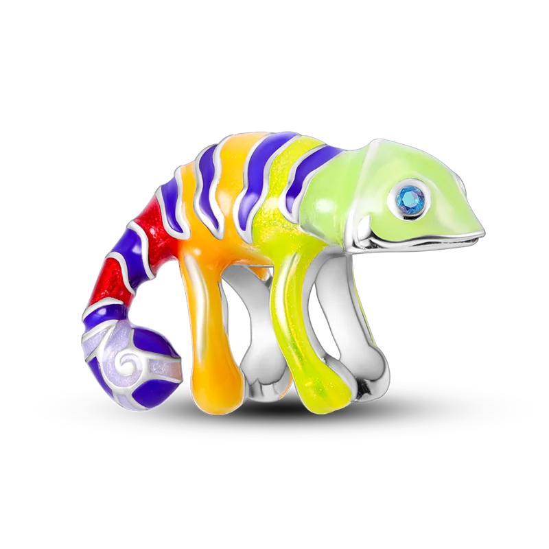 Avelena | 925 Silber Goldener Leopard Charms Perlen Bunte Chamäleon Nashorn Löwe Skarabäus Katze Anhänger Passend für Original Pandora Armband Schmuck