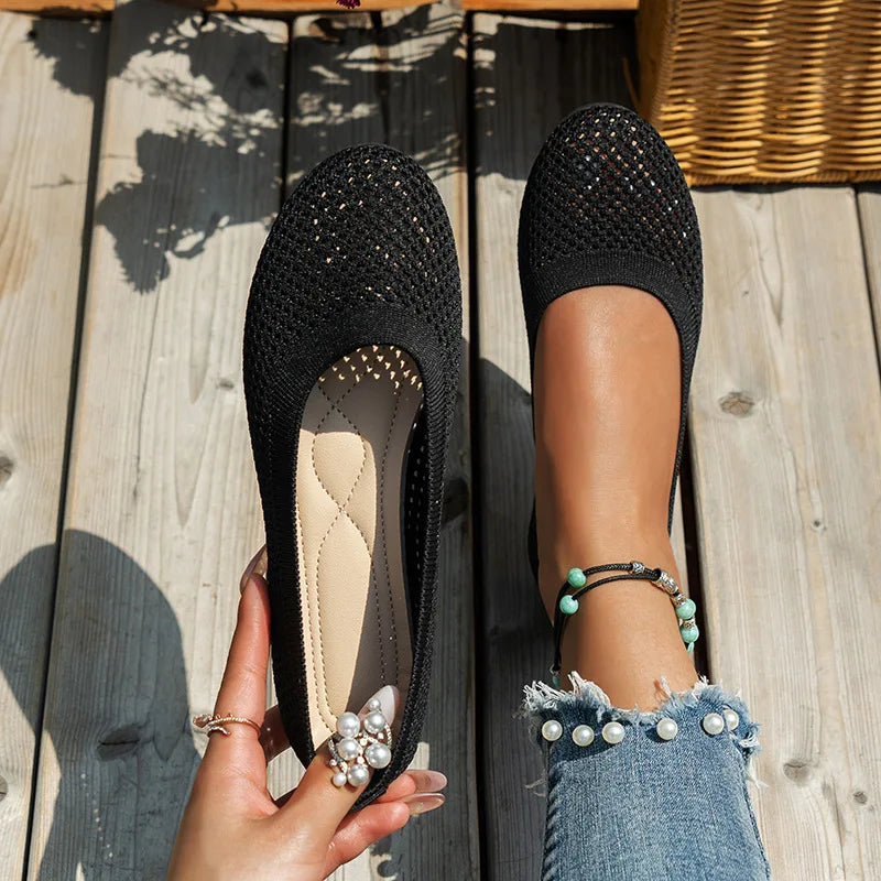 Avelena | Frauen Rundzehen-Flachschuhe Einfarbige Strickslippers Legere Atmungsaktive Ballerinas Frauen Flachschuhe Loafers Frauen