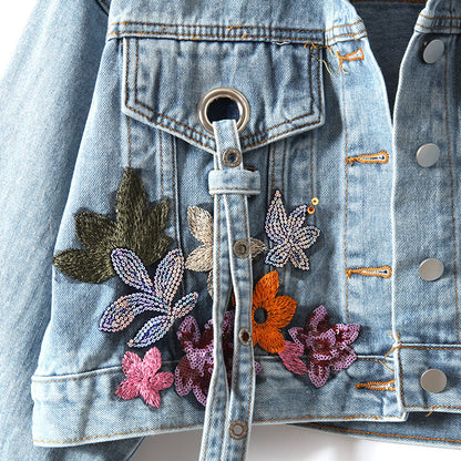 Avelena | Denim-Jacke mit Blumenstickereien und Pailletten