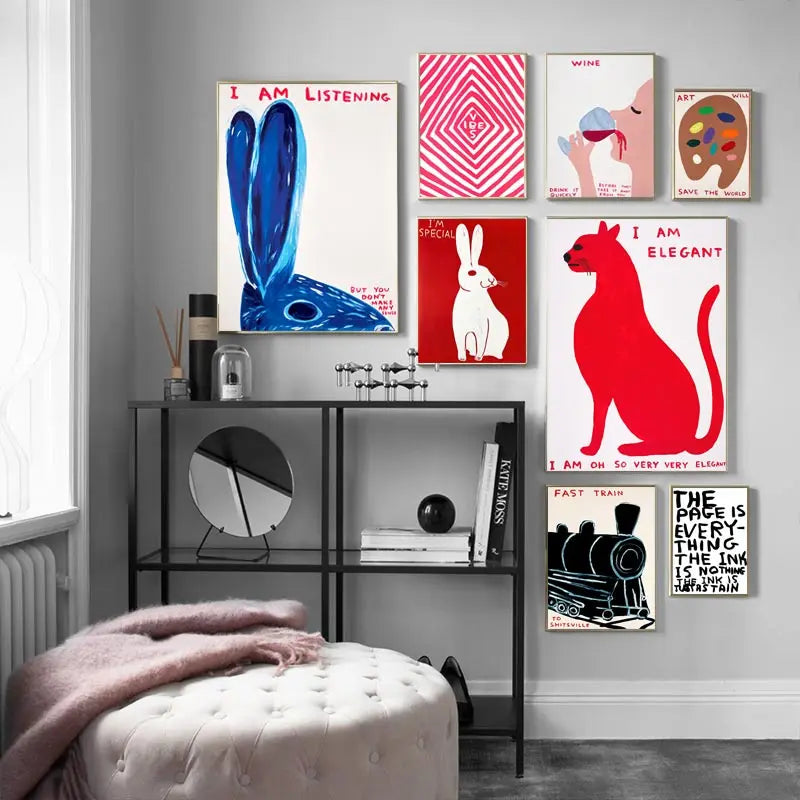 Avelena | David Shrigley Rabbit Cat Wine Biscuit Train Wall Art Abstract Prints Canvas Painting Nordic Poster Pictures Living Room Decor