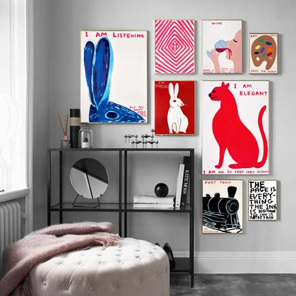 Avelena | David Shrigley Rabbit Cat Wine Biscuit Train Wall Art Abstract Prints Canvas Painting Nordic Poster Pictures Living Room Decor