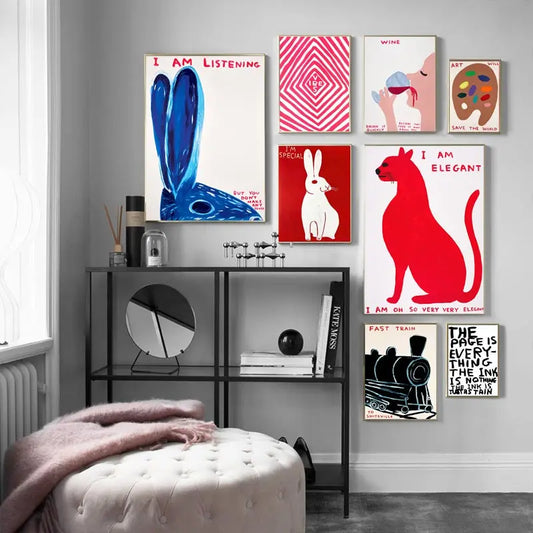 Avelena | David Shrigley Rabbit Cat Wine Biscuit Train Wall Art Abstract Prints Canvas Painting Nordic Poster Pictures Living Room Decor