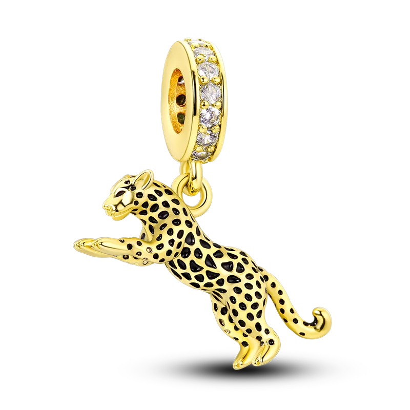 Avelena | 925 Silber Goldener Leopard Charms Perlen Bunte Chamäleon Nashorn Löwe Skarabäus Katze Anhänger Passend für Original Pandora Armband Schmuck
