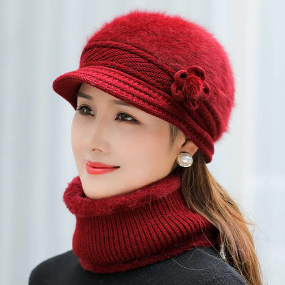 Avelena | Damen Wintermütze & Schal Set - Futtergefütterte Strickmütze mit Falschem Pelzblume