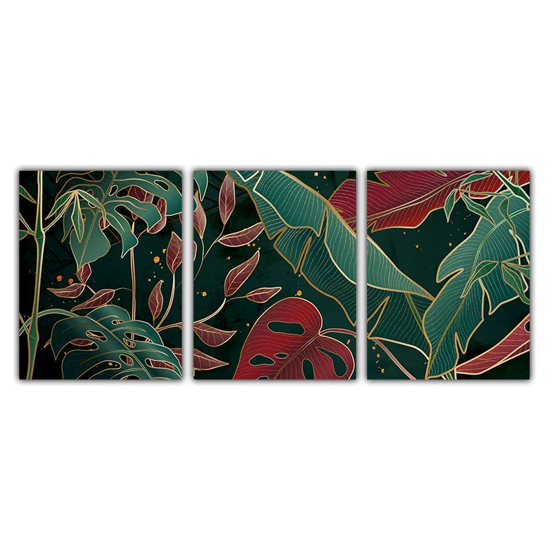 Avelena | Moderne Abstrakte Tropische Botanik Wandkunst Feine Kunst Leinwanddrucke Rote Grüne Palmenblätter Poster Bilder für Wohnzimmer Hotelzimmer Dekor