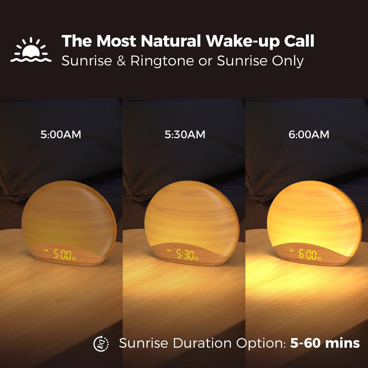 Avelena | Sunrise Wake-Up Light Alarm Clock mit 8 Farben, 26 Schlafgeräuschen & Holzmaserungsdesign