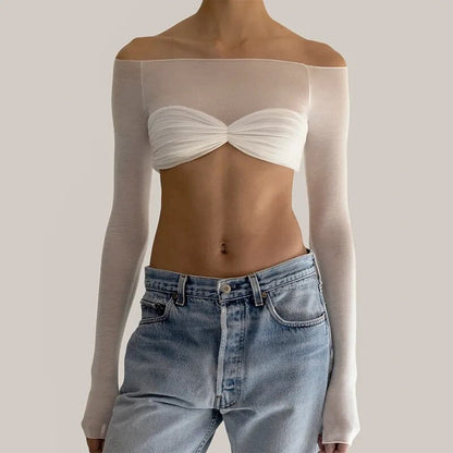 Weißes, langärmliges, durchsichtiges, schulterfreies Strick-Crop-Top