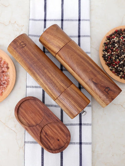 Avelena | WoodSpice – Luxus Holz Pfeffer- und Salz-Mühle Set mit Tablett