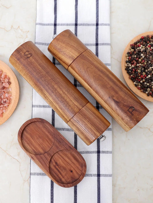 Avelena | WoodSpice – Luxus Holz Pfeffer- und Salz-Mühle Set mit Tablett
