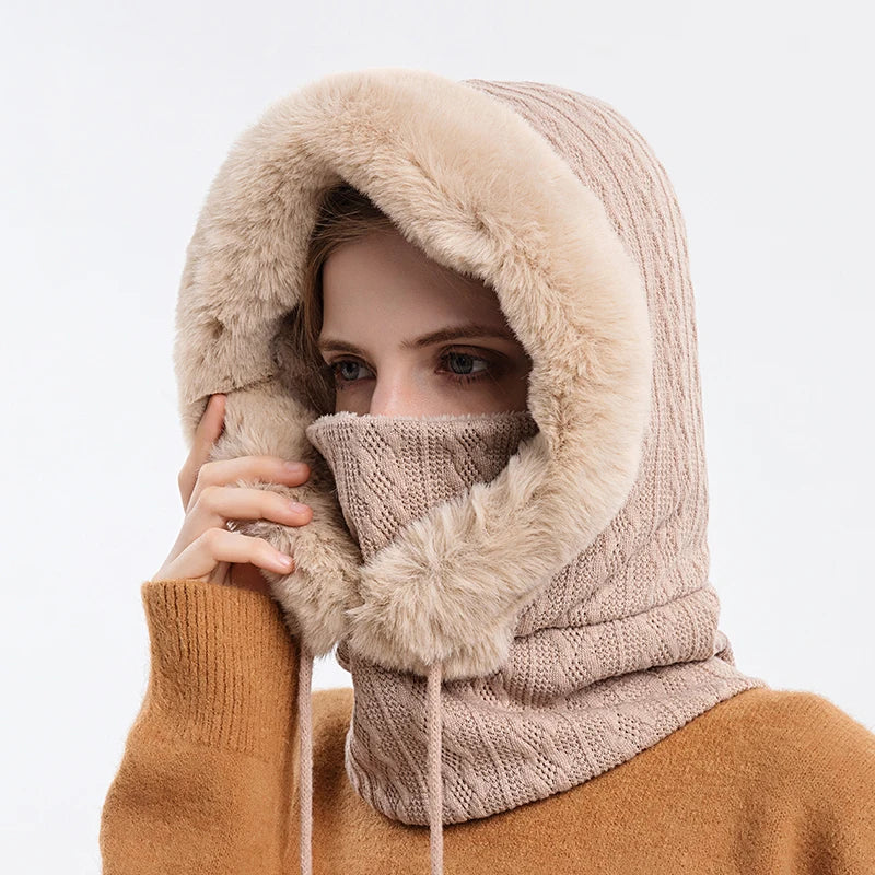 Avelena | Damen Winter Pelzmütze & Masken Set - Strick Cashmere Balaklava
