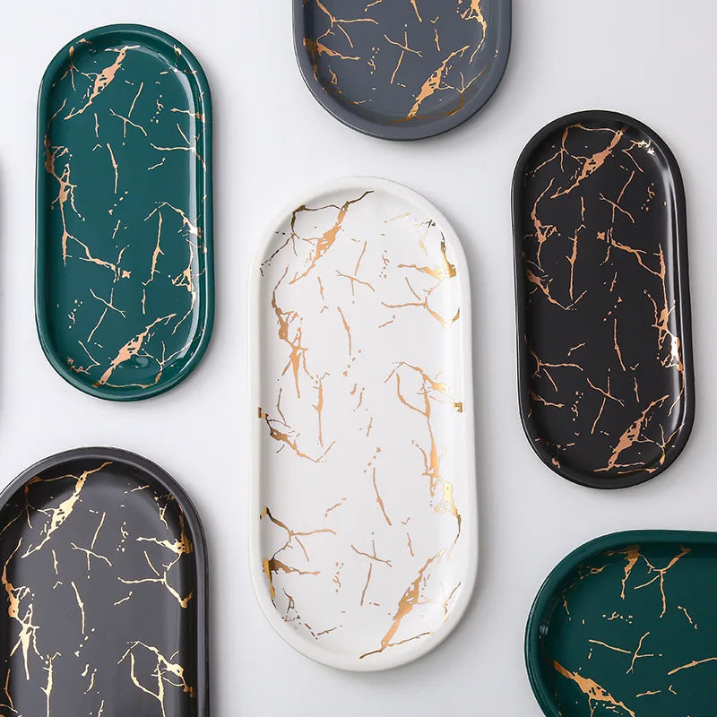 Avelena | Nordic Ins Keramik Marmor ovales Tablett Schmuck Aufbewahrungstablett Zubehör Seifenhalter goldene Welle Badezimmerbecher Bad Dekoration