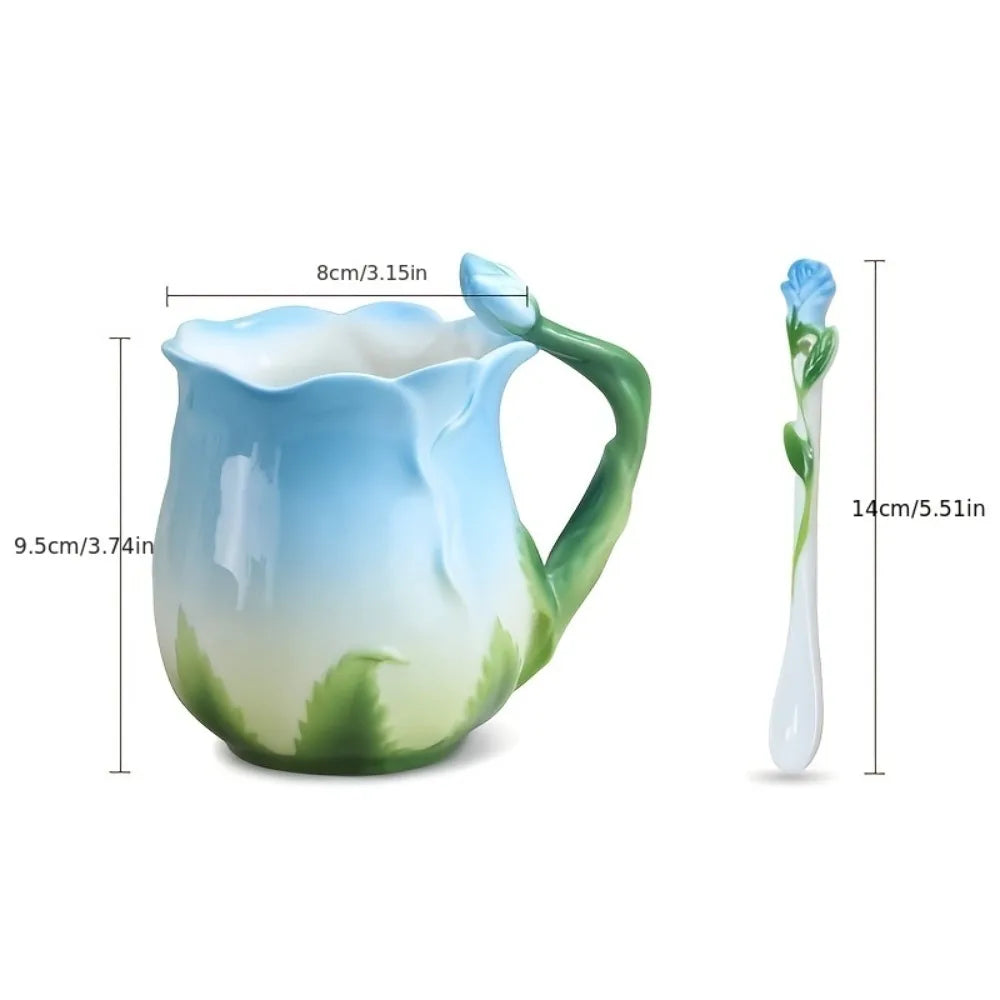 Avelena | 3D Rose Blume Kaffeetasse Keramik Kaffeetassen Niedliche ästhetische Wasserbecher mit Löffel Sommer Winter Trinkgeschirr Valentinstag Geschenke
