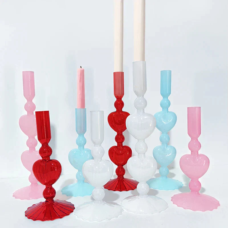 Avelena | Retro Taper Kerzenhalter Rote Herzform Glas Kerzenständer Hochzeit Tischdekoration Zuhause Party Glas Vase Dekor