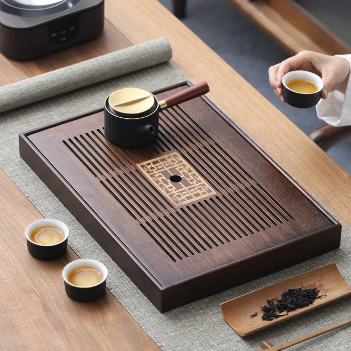Avelena | Chinese Tea Tray with Water Storage Box Durable Simple Drainage Type Plate Tea Serving Tray for Teahouse Home Household Office