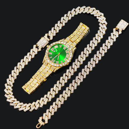 Avelena | Hip Hop Bling Trio Cuban Kette Schmuck Set