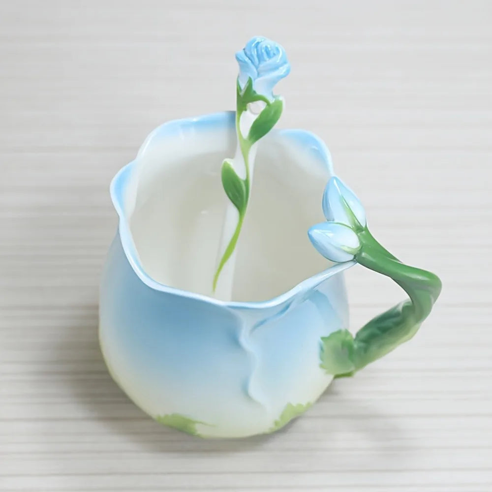 Avelena | 3D Rose Blume Kaffeetasse Keramik Kaffeetassen Niedliche ästhetische Wasserbecher mit Löffel Sommer Winter Trinkgeschirr Valentinstag Geschenke